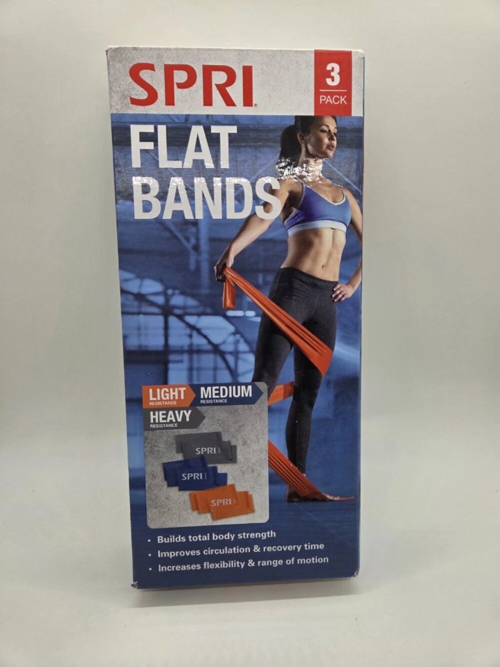 SPRI Flat Band Kit, 3 Pack Light Medium Heavy Resistance w/ exercise guide - New